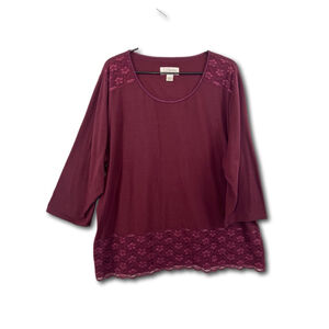 CJ Banks Woman’s Top Burgundy Lace Hem 3/4 Sleeves Size 2XL